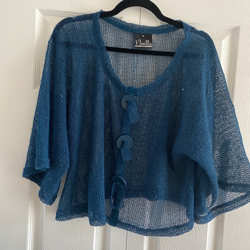 Noelle Open Knit Sequin Cardigan Womens OS Teal Blue Mesh Button Up‎ Crop